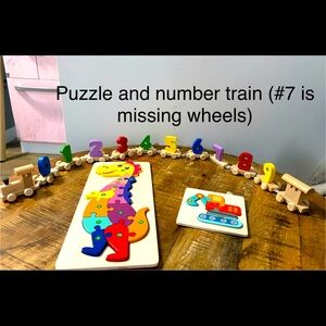 Wooden number train and puzzles
